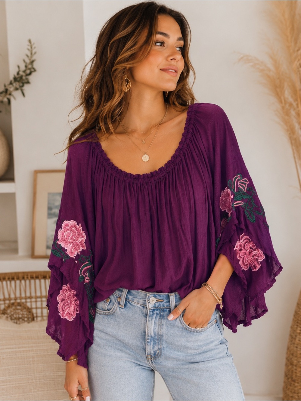 Boho Purple Embroidered Bell Sleeve Peasant Top